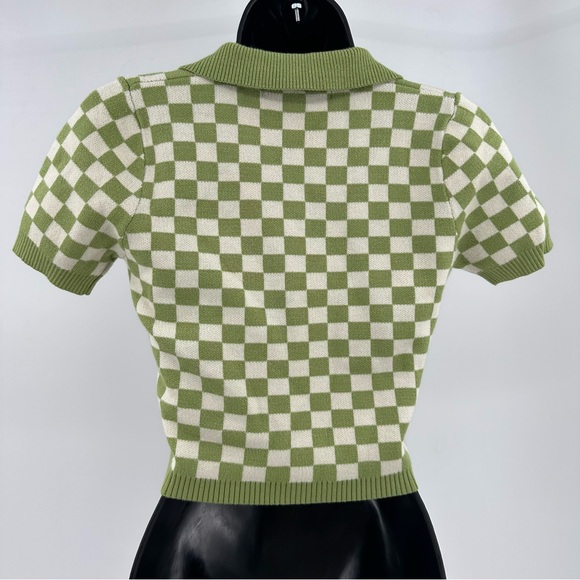 Hesperus Green Cream Checkered Crop Top Collared Sweater Medium Short Sleeve - Picture 5 of 7